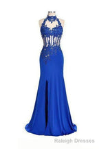 2026 Blue Mermaid/Trumpet Halter Sleeveless Natural Stretch Satin Prom Dresses