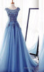Appliques Lace Up Capped Sleeves A Line Tulle 2026 Blue Prom Dresses
