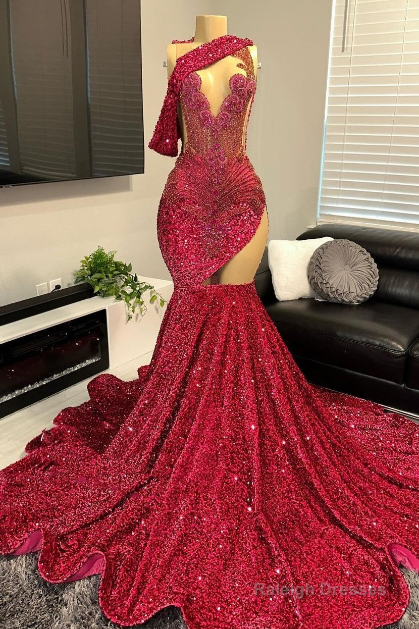 One shoulder Burgundy Sequin Prom Dresses with cutout Main image