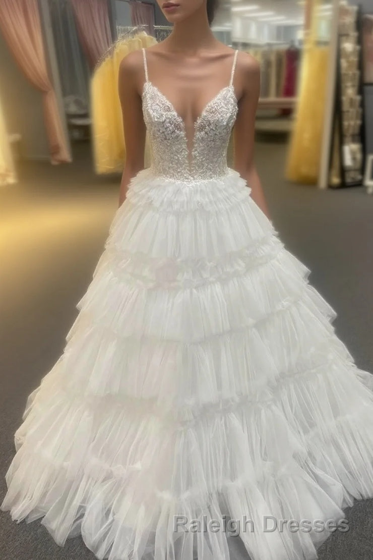 White Floral Plunging V Layers Long Prom Dress Main image