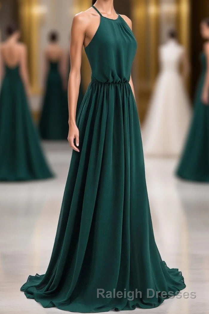 Hunter Green Halter Chiffon A Line Long Bridesmaid Dresses Main image