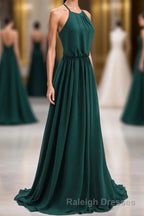 Hunter Green Halter Chiffon A Line Long Bridesmaid Dresses