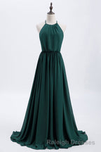 Hunter Green Halter Chiffon A-line Long Bridesmaid Dress