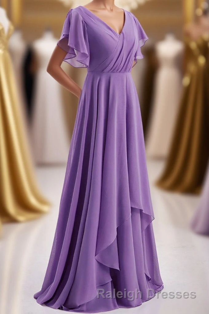 Flutter Sleeves Lavender Chiffon A-line Long Bridesmaid Dress