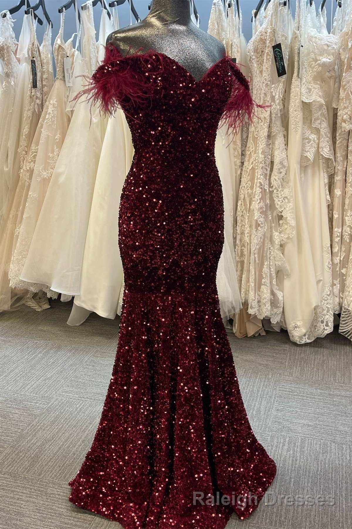 Burgundy Sequin Feather Off-the-Shoulder Mermaid Long Prom Gown Main image