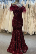Burgundy Sequin Feather Off-the-Shoulder Mermaid Long Prom Gown