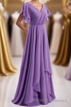 Flutter Sleeves Lavender Chiffon A Line Long Bridesmaid Dresses