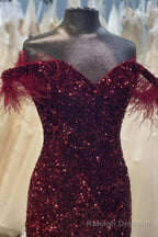 Burgundy Sequin Feather Off-the-Shoulder Mermaid Long Prom Gown