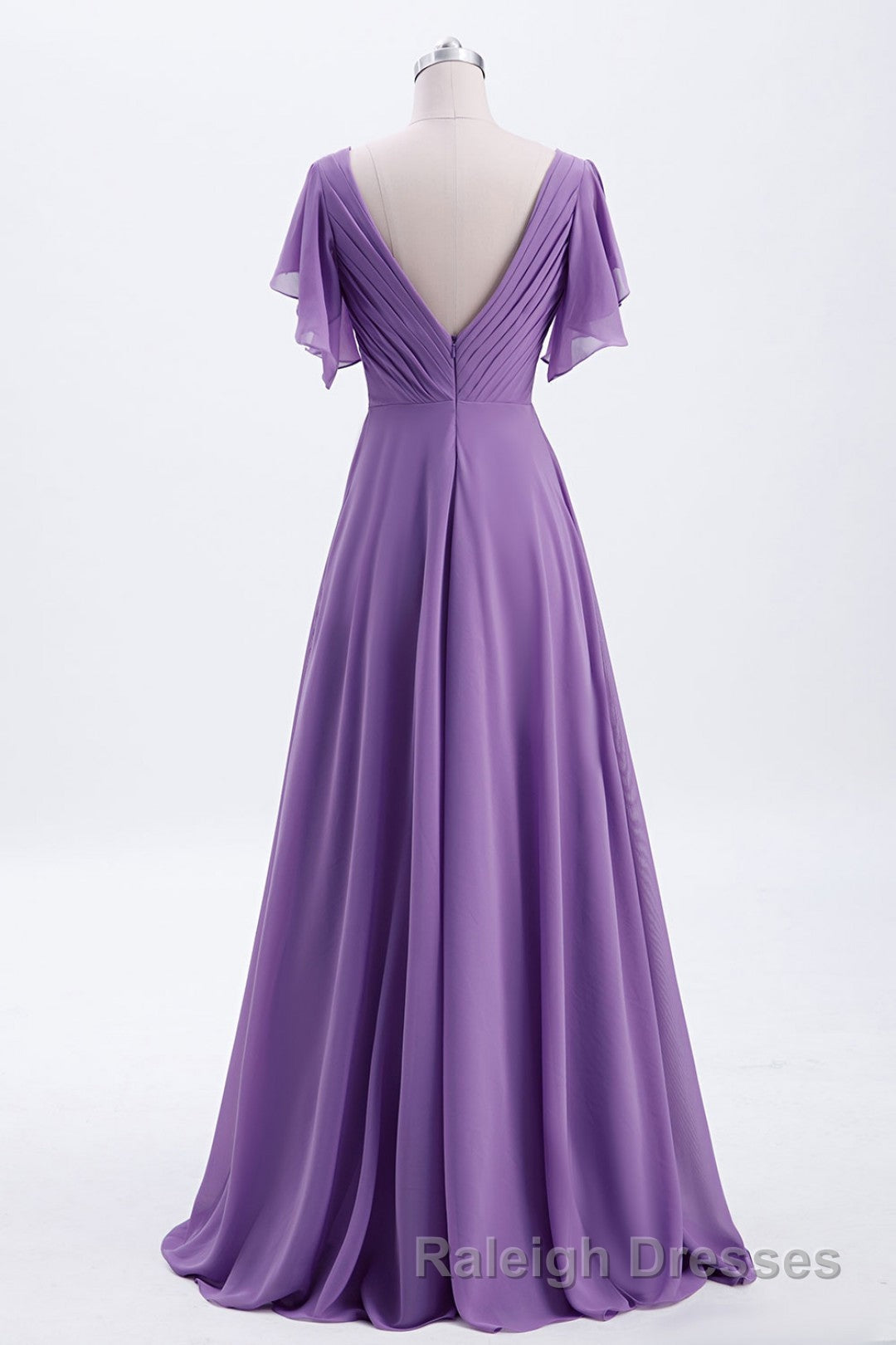 Flutter Sleeves Lavender Chiffon A Line Long Bridesmaid Dresses