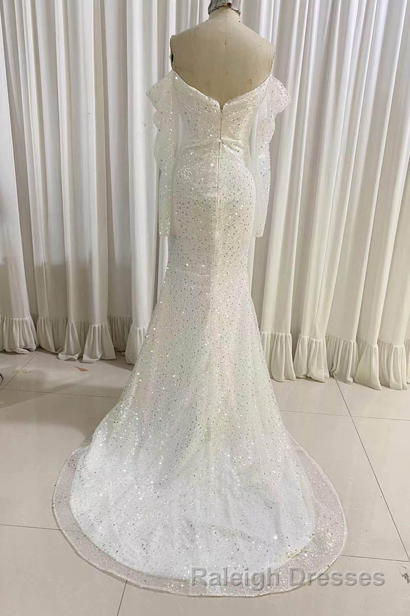 Ivory Mermaid Sequined Prom Dresses with Long Sleeves Sparkly Long Prom Dress