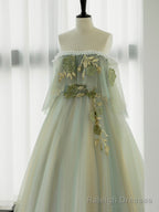 Green Tulle Lace Long Prom Dress, Green Off Shoulder Prom Prom Dress