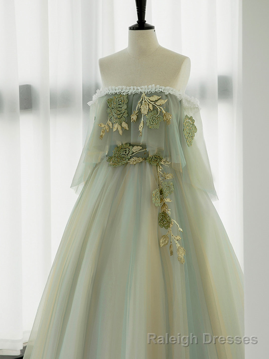 Green Tulle Lace Long Prom Dress, Green Off Shoulder Prom Prom Dress