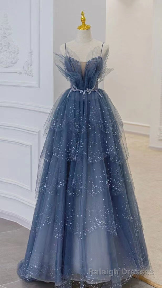 Shiny Tulle A-Line Spaghetti Straps Blue Prom Dresses Party Gowns Evening Dress Secondary image