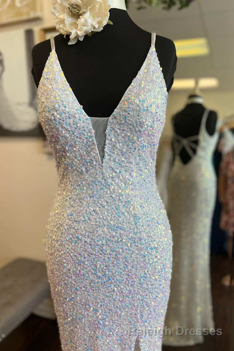 White Iridescent Sequin Plunge V Long Prom Dress with Slit Secondary image