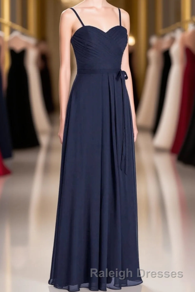 Black Chiffon Sweetheart Spaghetti Straps A-Line Long Bridesmaid Dress