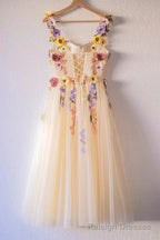 3D Flowers Champagne Tulle Short Prom Dress, Homecoming Dresses Sweet 16 Dress