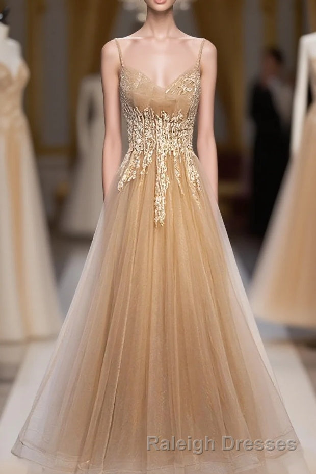 Champagne Tulle Lace Long Prom Dresses Champagne Prom Dresses 9 Main image