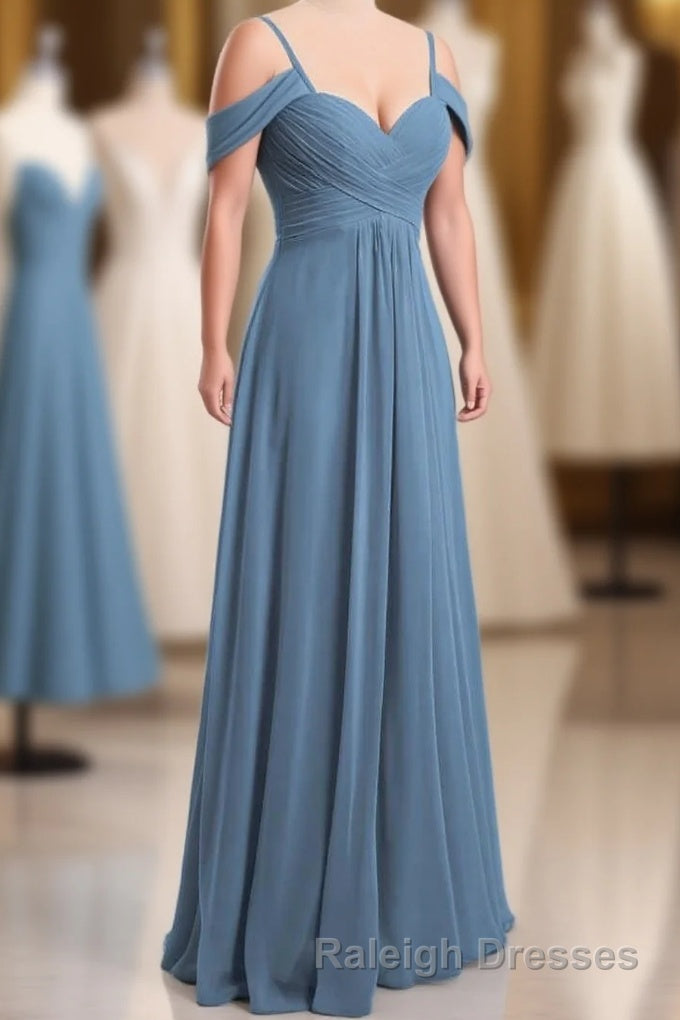 Dusty Blue Chiffon Cold Shoulder A-Line Long Bridesmaid Dress Main image