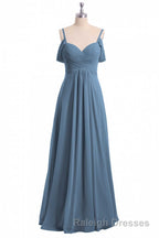 Dusty Blue Chiffon Cold Shoulder A-Line Long Bridesmaid Dress