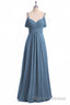 Dusty Blue Chiffon Cold Shoulder A-Line Long Bridesmaid Dress