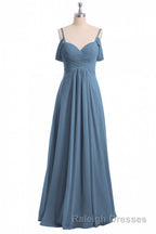 Dusty Blue Chiffon Cold Shoulder A Line Long Bridesmaid Dresses