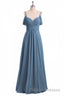 Dusty Blue Chiffon Cold Shoulder A Line Long Bridesmaid Dresses