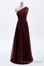 One Shoulder Burgundy A Line Chiffon Long Bridesmaid Dresses