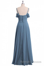 Dusty Blue Chiffon Cold Shoulder A Line Long Bridesmaid Dresses