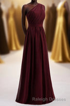 One Shoulder Burgundy A Line Chiffon Long Bridesmaid Dresses