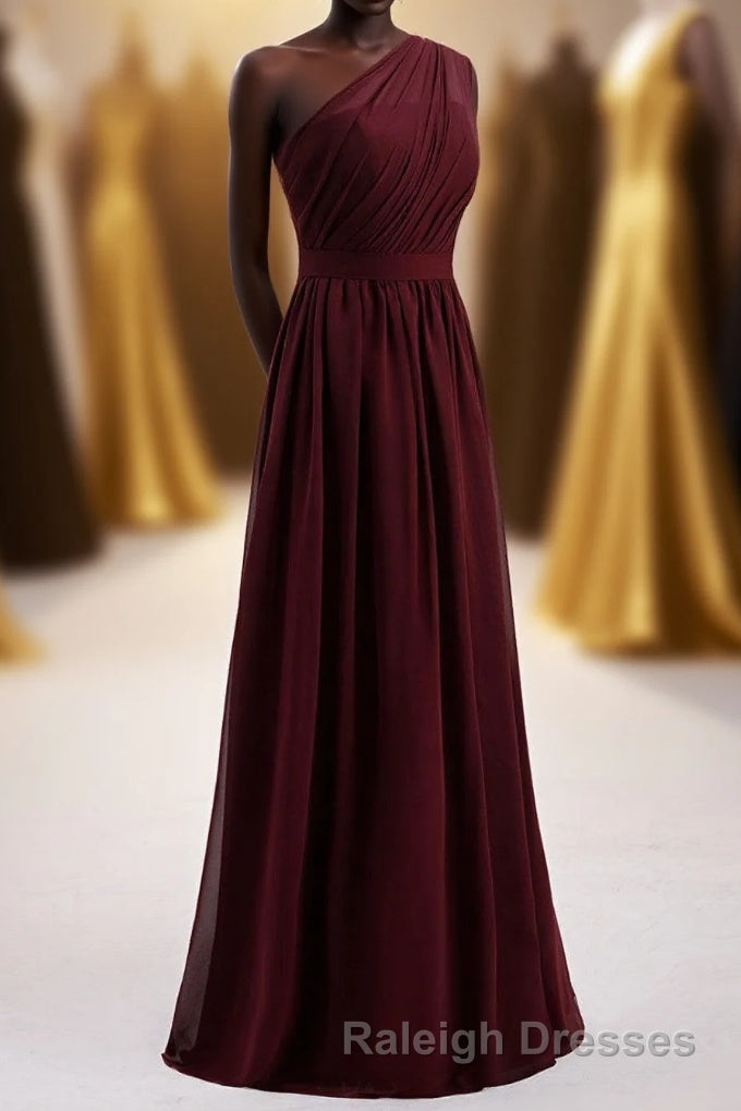 One Shoulder Burgundy A Line Chiffon Long Bridesmaid Dresses