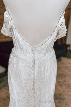 White Plunging Off-the-Shoulder Lace Mermaid Long Wedding Dress