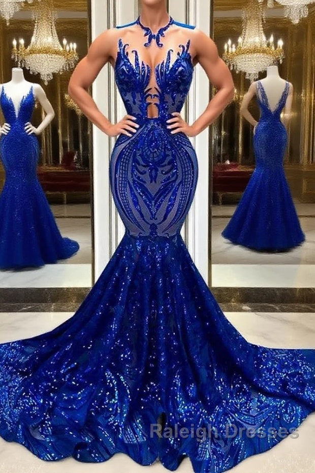 Sequins Royal Blue Sleeveless Mermaid Prom Dress Main image