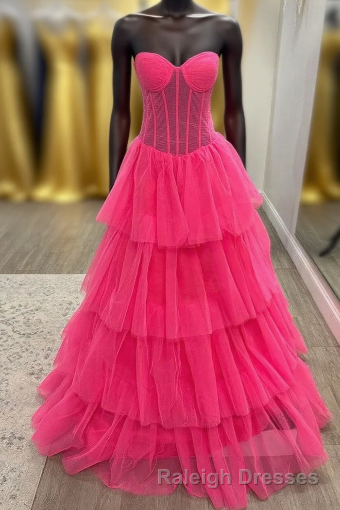 Hot Pink Strapless Layers Tulle A-line Long Prom Dress