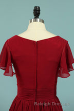 Red Chiffon V Neck Ruffled A Line Long Bridesmaid Dresses