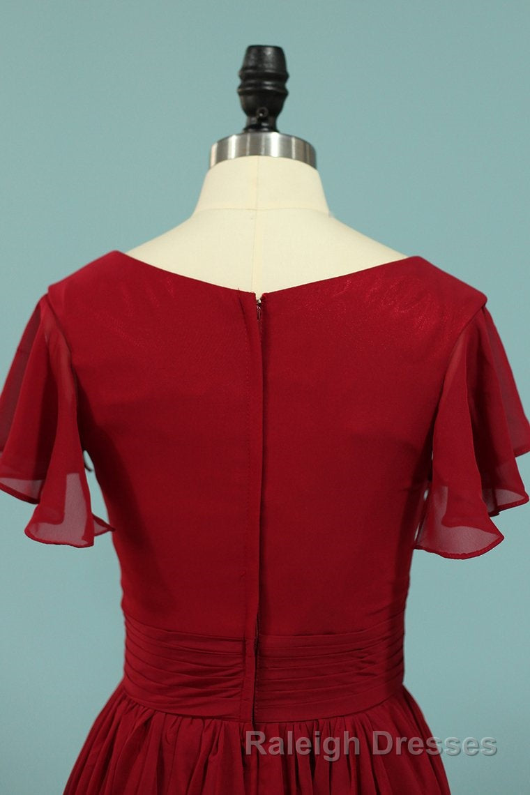 Red Chiffon V Neck Ruffled A Line Long Bridesmaid Dresses