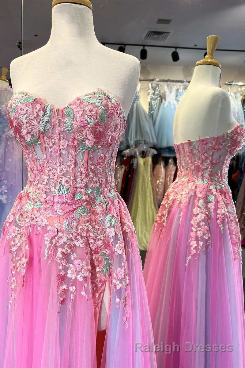 Pink Tulle Floral Appliques Sweetheart A-Line Prom Dress Secondary image