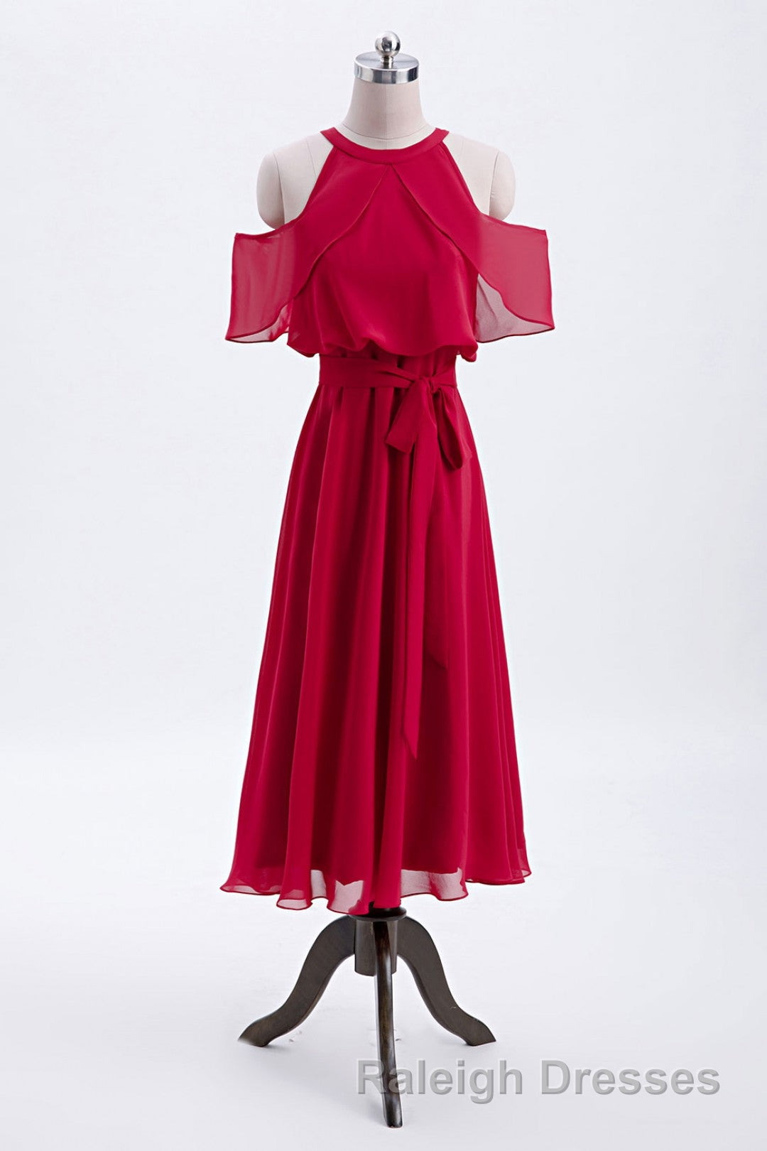 Red Chiffon Cold Sleeves Short Ruffles Bridesmaid Dress