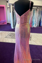 Pink Sequin Split Neck Mermaid Long Prom Gowns