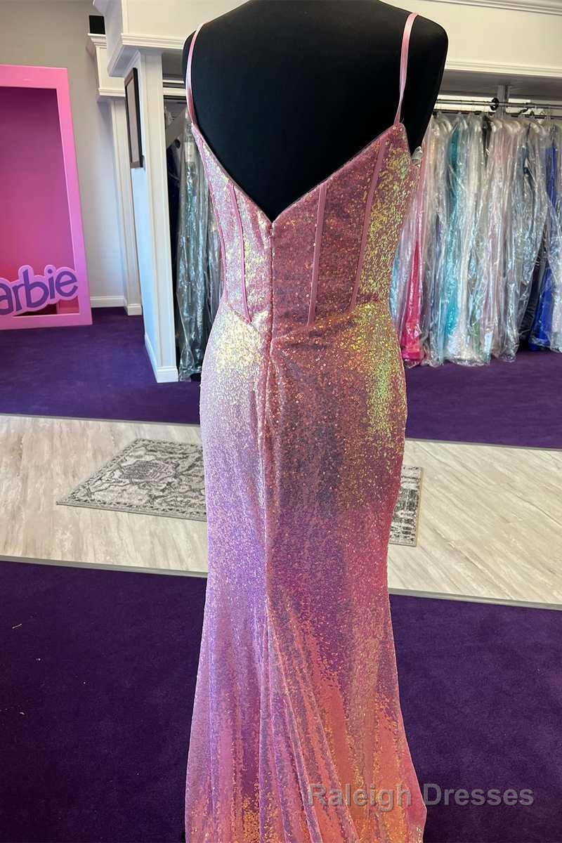 Pink Sequin Split Neck Mermaid Long Prom Gowns