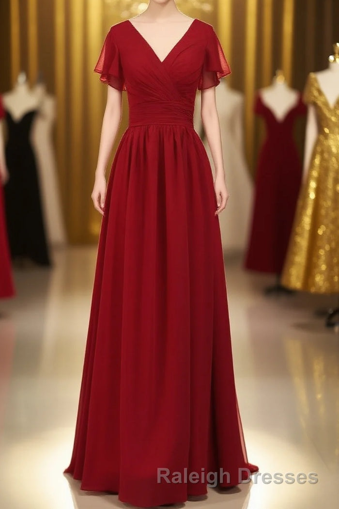 Red Chiffon V-Neck Ruffled A-Line Long Bridesmaid Dress Main image