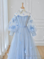 Blue Tulle Lace Long Prom Dress, Blue Tulle Lace Long Prom Dress