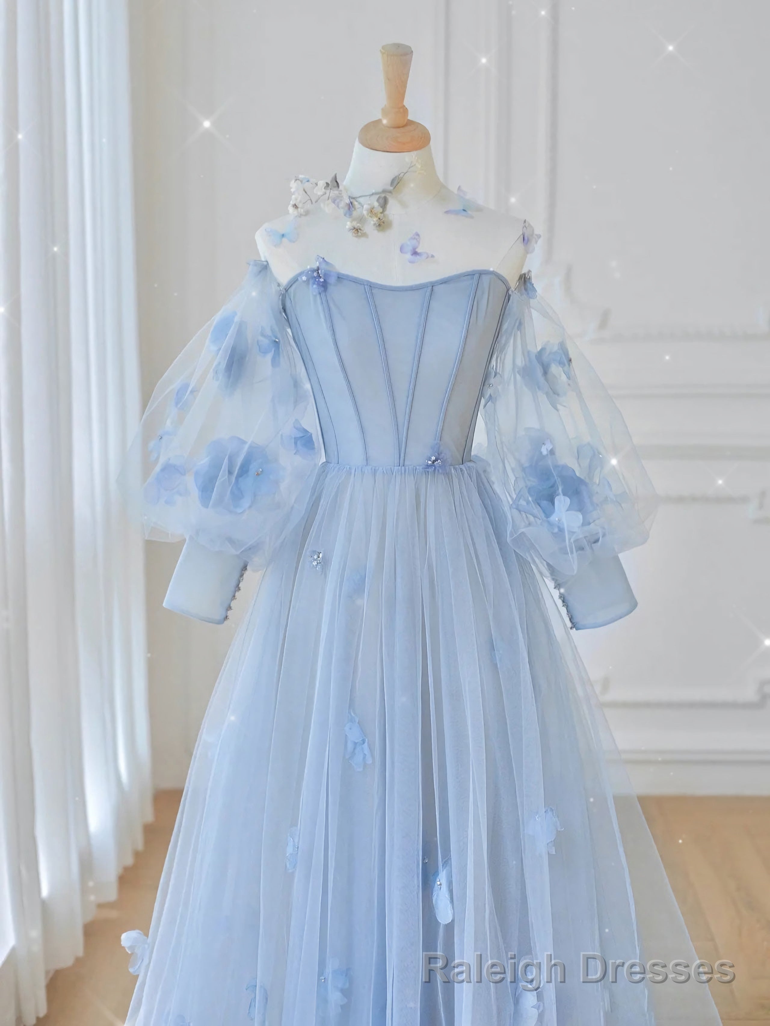 Blue Tulle Lace Long Prom Dress, Blue Tulle Lace Long Prom Dress