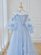 Blue Tulle Lace Long Prom Dress, Blue Tulle Lace Long Evening Dress