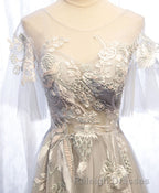 Gray Tulle Lace Long Prom Dress, Gray Tulle Lace Evening Dress, 5