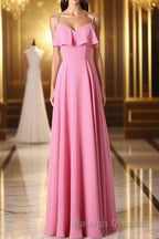 Pink Chiffon Straps Ruffled A Line Long Bridesmaid Dresses