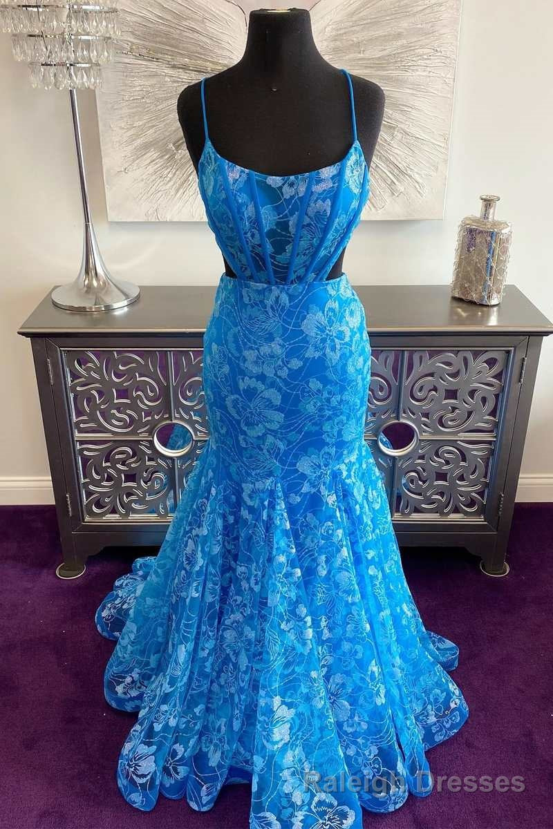 Blue Floral Lace Backless Trumpet Long Prom Gowns