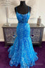 Blue Floral Lace Backless Trumpet Long Prom Gowns