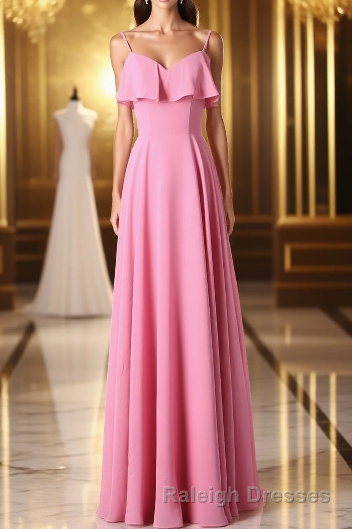 Pink Chiffon Straps Ruffled A-Line Long Bridesmaid Dress Main image