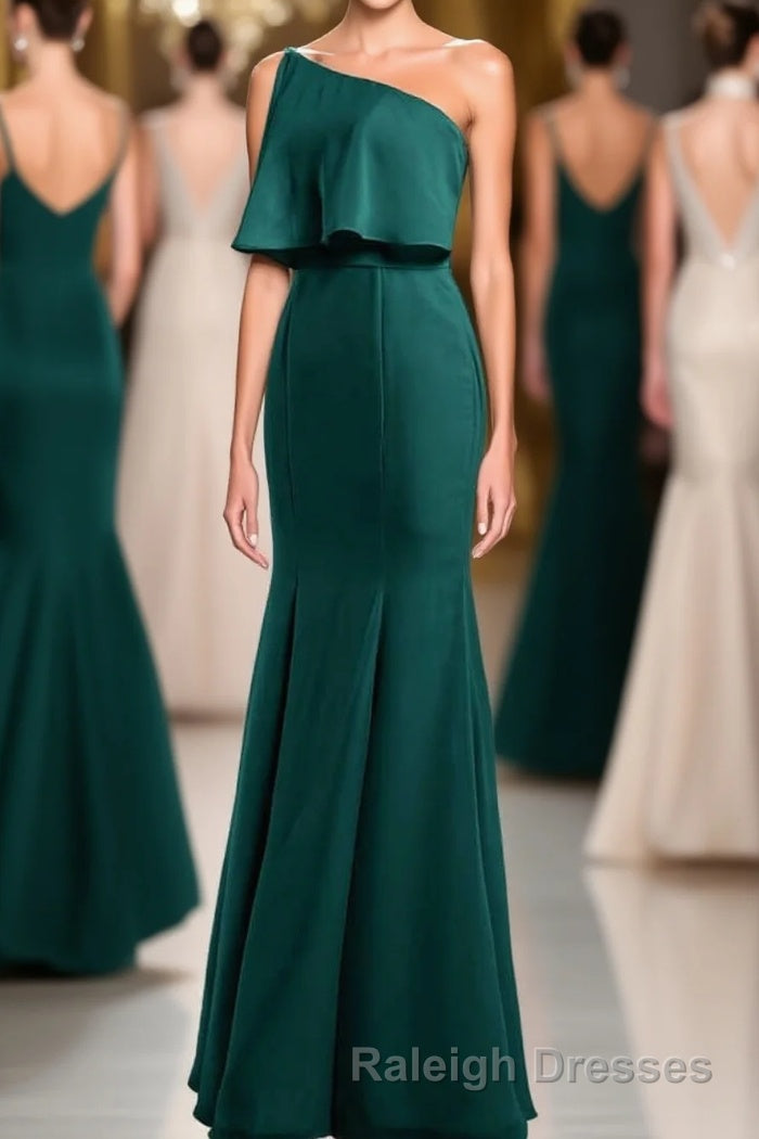 Hunter Green One Shoulder Mermaid Ruffled Long Bridesmaid Dresses Main image