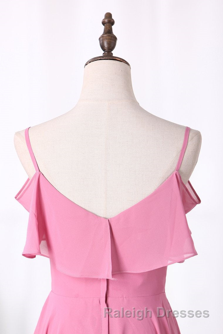 Pink Chiffon Straps Ruffled A Line Long Bridesmaid Dresses